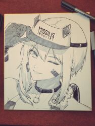 Rule 34 | 1girl, bandaid, bandaid on cheek, bandaid on face, bare shoulders, cable, choker, ear piercing, gloves, goddess of victory: nikke, greyscale, grin, hand on headwear, looking at viewer, maxwell (nikke), microphone, monochrome, one eye closed, piercing, portrait, riko illus, short hair, sidelocks, smile, solo, traditional media, visor cap