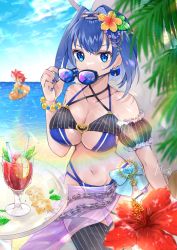 Rule 34 | 2girls, bikini, black thighhighs, blue hair, breasts, hair intakes, hakos baelz, highres, hololive, hololive english, innertube, multiple girls, ouro kronii, red hair, see-through, striped bikini, striped clothes, swim ring, swimsuit, thighhighs, virtual youtuber