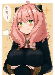 Rule 34 | 1girl, absurdres, aged up, ahoge, anya (spy x family), black dress, blush stickers, breast lift, breasts, closed mouth, dress, foreshortening, green eyes, hair between eyes, highres, large breasts, long sleeves, looking at viewer, pink hair, sleeves past wrists, smile, solo, sparkle background, sparkling eyes, spy x family, symbol-shaped pupils, translated, upper body, yu lei