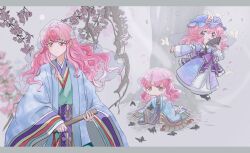 Rule 34 | 1girl, blue kimono, branch, bug, butterfly, cherry blossoms, commentary, crying, full body, grey background, hat, highres, insect, japanese clothes, kimono, long hair, mob cap, multiple views, panghulao, pink eyes, pink hair, saigyouji yuyuko, sash, touhou, triangular headpiece, veil, wavy hair