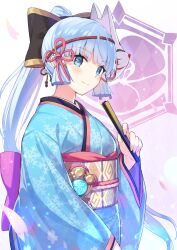 Rule 34 | 1girl, absurdres, alternate costume, ayaka (genshin impact), black bow, blue hair, blue kimono, blunt bangs, blunt tresses, blush, bow, closed mouth, commentary request, falling petals, folded fan, folding fan, genshin impact, hair bow, hair ribbon, hand fan, highres, holding, holding fan, japanese clothes, kimono, light blue hair, long hair, long sleeves, looking at viewer, mask, mask on head, obi, petals, ponytail, red ribbon, ribbon, sash, snowflake print, solo, tress ribbon, upper body, vision (genshin impact), wattyon01, wide sleeves