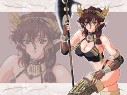 Rule 34 | 1girl, black eyes, braid, breasts, brown gloves, brown hair, circlet, cleavage, elbow gloves, covered erect nipples, fingerless gloves, gloves, halberd, holding hands, headdress, jewelry, large breasts, long hair, looking at viewer, necklace, parted lips, pointy ears, polearm, side braid, solo, thighhighs, weapon, yoshizane akihiro, zoom layer