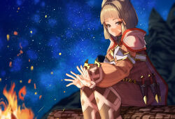 Rule 34 | 1girl, animal ear fluff, animal ears, brown eyes, brown hair, brown jumpsuit, campfire, cape, closed mouth, commentary request, commission, feet out of frame, fire, highres, jumpsuit, kunai, long sleeves, looking at viewer, nia (xenoblade), night, night sky, outdoors, puffy long sleeves, puffy sleeves, ribbed jumpsuit, skeb commission, sky, smile, solo, star (sky), starry sky, weapon, white-paka, white cape, xenoblade chronicles (series), xenoblade chronicles 2