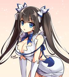 Rule 34 | 10s, 1girl, arm ribbon, artist name, backless dress, backless outfit, bare shoulders, blue bow, blue bowtie, blue eyes, blue ribbon, bow, bowtie, breasts, brown hair, cleavage, cleavage cutout, clothing cutout, cowboy shot, dated, dress, dungeon ni deai wo motomeru no wa machigatteiru darou ka, gloves, gradient background, hair ornament, hair ribbon, hands on lap, hestia (danmachi), large breasts, leaning forward, legs together, long hair, looking at viewer, open mouth, pink lips, pinkori, rei no himo, ribbon, short dress, signature, skindentation, sleeveless, sleeveless dress, smile, solo, standing, twintails, very long hair, white dress, white gloves