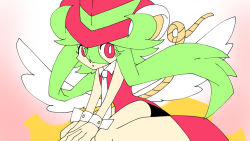 Rule 34 | 1girl, animal ears, blush stickers, green hair, hat, leotard, mad rat dead, mouse (animal), mouse ears, mouse girl, mouse tail, nippon ichi, rat god, red eyes, tail, tie clip, top hat, wings, wrist cuffs