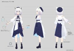 Rule 34 | 1girl, ahoge, amagai tarou, bare shoulders, bracelet, braid, brooch, character sheet, commentary request, company name, cross-laced footwear, detached sleeves, green eyes, grey hair, hat, highres, hololive, jewelry, multiple views, nail art, official art, shirakami fubuki, skirt, smile, translation request, virtual youtuber