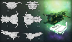 Rule 34 | 3d, commentary, concept art, copyright name, destroyer (eve online), eve online, gallente federation (eve online), glowing, green theme, highres, larkbeef, logo, military, military vehicle, multiple views, nebula, no humans, original, sky, space, spacecraft, star (sky), starry sky, thrusters, vehicle focus, zbrush (medium)
