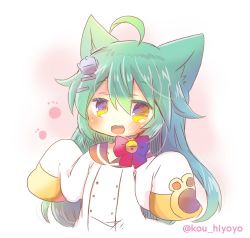 Rule 34 | 1girl, :3, :d, ahoge, akashi (azur lane), animal ears, azur lane, bell, bow, cat ears, dress, green hair, hair between eyes, hair ornament, hands up, jingle bell, kou hiyoyo, long hair, long sleeves, looking at viewer, lowres, open mouth, red bow, sailor dress, sleeves past fingers, sleeves past wrists, smile, solo, upper body, very long hair, white dress, yellow eyes