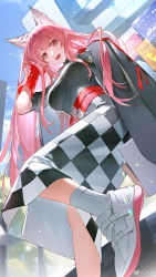 Rule 34 | 1girl, animal ears, ankle socks, belt, breasts, checkered clothes, checkered dress, chinese commentary, commentary request, dress, foot out of frame, from behind, girls&#039; frontline, girls&#039; frontline neural cloud, gloves, hand in own hair, highres, jacket, jacket on shoulders, large breasts, long dress, long hair, looking at viewer, maosen, non porn, official alternate costume, open mouth, outdoors, persicaria (neural cloud), pink eyes, pink hair, red belt, red gloves, ribbed shirt, shirt, shoes, short sleeves, sky, smile, sneakers, socks, solo, white footwear, white socks
