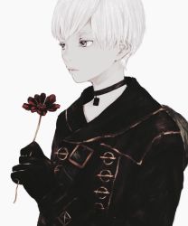 Rule 34 | 1boy, bad id, bad pixiv id, collar, flower, highres, holding, holding flower, male focus, nier:automata, nier (series), red flower, shirone (coxo ii), short hair, silver hair, simple background, solo, upper body, white background, white eyes, 9s (nier:automata)