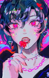 Rule 34 | 1boy, black hair, blush, candy, food, heart, highres, jewelry, lollipop, marking on cheek, nail polish, necklace, original, pale skin, pastel colors, pointy ears, red eyes, star (symbol), tattoo, totorolls, vampire