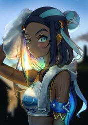Rule 34 | 1girl, armlet, armpit crease, black hair, blue eyes, blue hair, blurry, blush, braid, closed mouth, commentary request, creatures (company), crop top, eyelashes, game freak, holding, holding towel, long hair, multicolored hair, nessa (pokemon), nintendo, outdoors, pokemon, pokemon swsh, print tank top, setta shu, solo, streaked hair, towel, towel on one shoulder, two-tone hair, wet