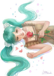 Rule 34 | 1girl, flower, green eyes, green hair, hair flower, hair ornament, hatsune miku, lips, matching hair/eyes, realistic, red flower, red rose, rose, solo, twintails, usuda hiro, vocaloid