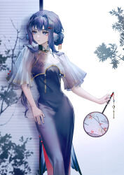 Rule 34 | 1girl, absurdres, arknights, astesia (arknights), black dress, blue eyes, blue hair, breasts, bright pupils, china dress, chinese clothes, diamond-shaped pupils, diamond (shape), dress, feet out of frame, hair bun, hair ornament, hairclip, hand fan, highres, holding, holding fan, long hair, looking to the side, short sleeves, small breasts, solo, symbol-shaped pupils, white pupils, zhuang yao