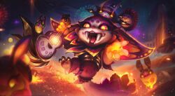 Rule 34 | 1boy, absurdres, animal, claws, fireworks, frog, glowing, gnar (league of legends), hedgehog, highres, la ilusion gnar, league of legends, looking at viewer, multicolored eyes, official art, open mouth, outdoors, pink eyes, pointy ears, rabbit, teeth, yellow eyes, yordle