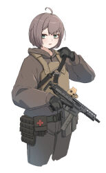 Rule 34 | 1girl, absurdres, ahoge, black gloves, black pants, brown hair, brown hoodie, commentary, cropped legs, gloves, green eyes, gun, hand up, highres, holding, holding gun, holding weapon, hood, hood down, hoodie, looking at viewer, okapi (yomaigoto), original, pants, parted lips, simple background, smile, solo, trigger discipline, weapon, weapon request, white background