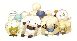 Rule 34 | commentary request, creatures (company), eldegoss, game freak, gen 2 pokemon, gen 3 pokemon, gen 5 pokemon, gen 6 pokemon, gen 7 pokemon, gen 8 pokemon, horns, jumpluff, mareep, newo (shinra-p), nintendo, no humans, pink eyes, pokemon, pokemon (creature), sheep, sheep horns, sleeping, smile, swablu, swirlix, tongue, tongue out, whimsicott, white background, wooloo