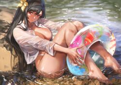 Rule 34 | 1girl, against rock, bare legs, barefoot, bikini, bikini bottom only, black hair, breasts, cleavage, closed mouth, collared shirt, feet, final fantasy, final fantasy vii, final fantasy vii remake, flower, hair between eyes, hair flower, hair ornament, hair over shoulder, highres, holding, holding swim ring, innertube, knees up, large breasts, long hair, low-tied long hair, navel, open clothes, open shirt, outdoors, partially submerged, red eyes, see-through, shirt, sitting, smile, solo, spykeee, swept bangs, swim ring, swimsuit, thighs, tifa lockhart, twitter username, water, wet, wet clothes, wet shirt, wet swimsuit, white bikini, yellow flower