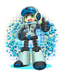 Rule 34 | 1boy, alcoholrang, android, bad id, bad pixiv id, beck (mighty no. 9), full body, hand on own hip, headphones, highres, male focus, mighty no. 9, open mouth, smile, solo, thumbs up