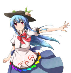 Rule 34 | 1girl, blue hair, female focus, hat, hinanawi tenshi, nanahoshi pal, red eyes, simple background, solo, standing, touhou, white background