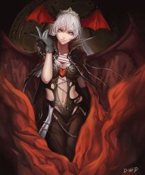 Rule 34 | 1girl, breasts, cape, center opening, chain, cleavage, dantewontdie, demon girl, gloves, head wings, heart, lips, navel, original, parted lips, red eyes, signature, solo, demon girl, tiara, white hair, wings