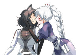 Rule 34 | 2girls, animal ears, bag, belt, black gloves, black hair, blake belladonna, blue dress, blush, bob cut, braid, braided ponytail, breasts, cat ears, cat girl, closed eyes, couple, diamond (shape), diamond earrings, dress, earrings, elbow gloves, face-to-face, facing another, faunus (rwby), gloves, hair ornament, hand in another&#039;s hair, hand up, happy, high ponytail, highres, imminent kiss, jacket, jewelry, leaning in, light smile, long hair, long sleeves, medium breasts, medium hair, multiple girls, official alternate costume, official alternate hairstyle, open mouth, parted lips, ponytail, rwby, scar, scar across eye, simple background, smile, standing, tiara, tl (xdd), upper body, weiss schnee, white background, white hair, white jacket, yuri