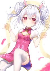 Rule 34 | 1girl, animal ears, azur lane, blush, bracelet, breasts, china dress, chinese clothes, closed mouth, commentary request, double bun, dress, feathers, fingernails, floral print, hair between eyes, hair bun, hair ornament, hairband, hands up, highres, jewelry, kokone (coconeeeco), laffey (azur lane), looking at viewer, pearl bracelet, pink dress, pink feathers, print dress, puffy short sleeves, puffy sleeves, purple eyes, rabbit ears, short sleeves, side bun, sidelocks, silver hair, small breasts, smile, solo, thighhighs, white thighhighs