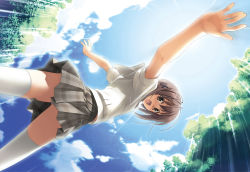 Rule 34 | 1girl, :d, absurdres, amatsume akira, blue sky, brown eyes, brown hair, day, from below, grey skirt, hair ornament, hashimoto takashi, highres, looking at viewer, looking down, miniskirt, official art, open mouth, outdoors, outstretched arms, panties, pantyshot, plaid, plaid skirt, pleated skirt, school uniform, shirt, short hair, short sleeves, skirt, sky, smile, solo, standing, sunlight, thighhighs, underwear, white shirt, white thighhighs, x hair ornament, yosuga no sora