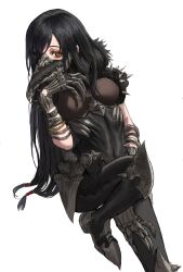 Rule 34 | 1girl, absurdres, armor, black hair, bracelet, breasts, brown eyes, claw (weapon), covered navel, faulds, gold can, highres, jewelry, knee guards, long hair, looking at viewer, medium breasts, original, plague doctor mask, sabaton, solo, weapon, white background