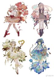 Rule 34 | 4girls, anemone (flower), angel, angel wings, animal ears, antlers, arrow (projectile), ascot, bag, bare shoulders, black headwear, blonde hair, blue capelet, blue flower, blue footwear, blue headwear, blue jacket, blue pansy, blue skirt, boots, bow, bow (weapon), bowtie, brown-framed eyewear, brown bag, brown footwear, brown sleeves, brown socks, brown vest, brown wings, bubble skirt, capelet, chinese commentary, closed eyes, closed mouth, collar, collared dress, collared shirt, commentary request, corset, crescent, crescent hat ornament, cross print, deer antlers, deer ears, deer girl, detached sleeves, dress, expressionless, falling petals, floral print, flower, frilled collar, frilled dress, frilled hat, frilled sleeves, frills, frown, full body, glasses, gradient legwear, gradient sleeves, grey hair, grey skirt, grey thighhighs, hair flower, hair ornament, halo, hands up, hat, hat ornament, heart, high-waist skirt, high collar, high heel boots, high heels, highres, holding, holding arrow, holding bow (weapon), holding paintbrush, holding staff, holding weapon, horns, jacket, jester cap, kneehighs, lantern, layered skirt, leaf, letter, lobelia (saclia), long sleeves, love letter, magic circle, marking on cheek, miniskirt, multiple girls, open clothes, open vest, original, paint, paintbrush, pansy, petals, pink flower, pleated skirt, puffy long sleeves, puffy sleeves, red corset, red flower, red footwear, red pansy, red sleeves, see-through thighhighs, shirt, shoes, short dress, short hair with long locks, shoulder bag, sidelocks, simple background, single wing, skirt, sleeveless, sleeveless dress, sleeveless jacket, socks, staff, tassel, thighhighs, thorns, two-tone sleeves, vest, watermark, weapon, weibo logo, weibo watermark, white ascot, white background, white collar, white dress, white flower, white shirt, white skirt, white sleeves, white socks, white thighhighs, white veil, white wings, wide sleeves, winged footwear, wings, yellow bow, yellow bowtie, zettai ryouiki