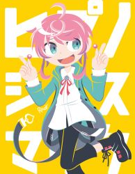 Rule 34 | 1boy, amemura ramuda, belt, black footwear, black pants, candy, collared shirt, flat color, food, green jacket, highres, holding, holding candy, holding food, holding lollipop, hotate oishii, hypnosis mic, index finger raised, jacket, lollipop, long sleeves, male focus, pants, red ribbon, ribbon, shirt, sidelocks, translation request, white shirt, yellow background