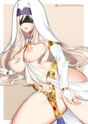 Rule 34 | 10s, 1girl, blindfold, blonde hair, breasts, cleft of venus, commentary, detached sleeves, dress, english commentary, goblin slayer!, grin, hair between eyes, headdress, jewelry, large breasts, long hair, lying, navel, necklace, nipples, on side, open mouth, parted lips, pussy, smile, solo, stomach, sword maiden, thighs, tofuubear, topless, uncensored, white dress