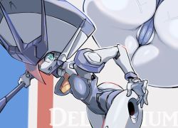 Rule 34 | 1girl, :d, ass, blue eyes, blue leotard, breasts, cameltoe, cleft of venus, colored skin, darling in the franxx, delphinium (darling in the franxx), hair over one eye, high heels, leotard, looking at viewer, medium breasts, multiple views, necktie, open mouth, pochincoff, robot, short necktie, smile, white skin, yellow necktie