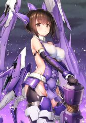 Rule 34 | 1girl, alice gear aegis, bare shoulders, breasts, brown eyes, brown hair, cannon, cleavage, clothing cutout, covered erect nipples, covered navel, cowboy shot, doyouwantto, elbow gloves, gloves, groin, gun, headset, holding, holding weapon, impossible clothes, large breasts, looking at viewer, mecha musume, mechanical legs, open mouth, pelvic curtain, revealing clothes, science fiction, short hair, solo, standing, suga itsuri, thighs, weapon
