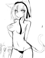Rule 34 | 1girl, animal ears, breasts, greyscale, looking at viewer, monochrome, original, short hair, simple background, sketch, solo, tail, topless, white background, yoshizawa tsubaki