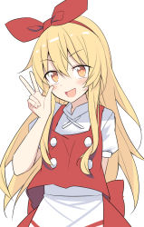 Rule 34 | 1girl, blonde hair, blush, e.o., ellen (touhou), hair between eyes, hair ribbon, hairband, highres, long hair, open mouth, puffy short sleeves, puffy sleeves, red hairband, red ribbon, red vest, ribbon, shirt, short sleeves, simple background, skirt, smile, solo, touhou, touhou (pc-98), upper body, v, vest, white background, white shirt, white skirt, yellow eyes