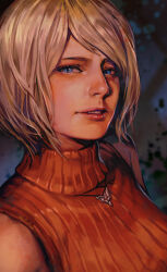 Rule 34 | 1girl, ashley graham, bare shoulders, blonde hair, blue eyes, capcom, dark background, hungry clicker, looking at viewer, orange sweater, parted lips, portrait, realistic, resident evil, resident evil 4, resident evil 4 (remake), short hair, sleeveless, solo, sweater, swept bangs