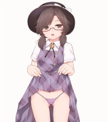 Rule 34 | 1girl, :o, black hat, black ribbon, blush, bolo tie, bow, brown eyes, brown hair, buttons, clothes lift, collared shirt, commentary request, cowboy shot, dress, dress lift, eyes visible through hair, glasses, gluteal fold, hair ornament, hands up, hat, hat bow, highres, lifted by self, looking at viewer, miyo (ranthath), neck ribbon, open mouth, panties, pantyshot, plaid, plaid dress, purple bow, purple dress, purple panties, quimbaya airplane, red-framed eyewear, ribbon, shirt, short hair, short sleeves, short twintails, simple background, solo, standing, string panties, touhou, twintails, underwear, usami sumireko, white background, white bow, white shirt, white sleeves