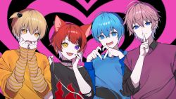 Rule 34 | 4boys, :d, @ @, absurdres, black choker, black shirt, blue eyes, blue hair, blue nails, blue sweater, brown hair, buta tamako, choker, collared shirt, colon (stpri), covering own mouth, fangs, finger to mouth, grin, hand up, hands up, heart, heart-shaped pupils, heart hands, heterochromia, highres, lineup, long sleeves, looking at viewer, male focus, multiple boys, nail polish, open mouth, orange eyes, orange shirt, pink hair, purple eyes, purple sweater vest, red hair, red nails, rinu (stpri), root (stpri), satomi (stpri), shirt, side-by-side, smile, straight-on, strawberry prince, sweater, sweater vest, symbol-shaped pupils, teeth, upper body, upper teeth only, v-neck, wavy mouth