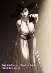Rule 34 | 1girl, alcina dimitrescu, artist request, black hair, breasts, cleavage, cleavage reach, downblouse, gloves, hat, highres, leaning forward, looking at viewer, resident evil, resident evil village, short hair, solo, standing, yellow eyes