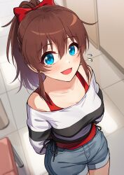 Rule 34 | 1girl, aqua eyes, arms behind back, bare shoulders, blue shorts, blush, bow, breasts, brown hair, collarbone, commentary request, denim, denim shorts, flying sweatdrops, hair bow, highres, idolmaster, idolmaster million live!, indoors, kamille (vcx68), long sleeves, looking at viewer, medium breasts, medium hair, off-shoulder shirt, off shoulder, open mouth, ponytail, red bow, red tank top, revision, satake minako, shirt, short shorts, shorts, smile, solo, standing, striped clothes, striped shirt, tank top, tile floor, tiles, white shirt