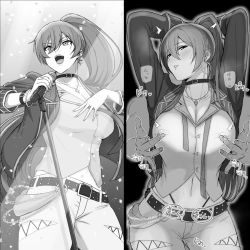 Rule 34 | 1boy, 1girl, arms up, before and after, belt, blush, breasts, cleavage, collar, collarbone, dress shirt, greyscale, guhanshounen, hair between eyes, hetero, high ponytail, idolmaster, idolmaster shiny colors, jacket, jewelry, large breasts, long hair, long sleeves, looking at viewer, microphone, microphone stand, monochrome, necklace, nipple stimulation, nipple tweak, open clothes, open jacket, open mouth, parted lips, ponytail, shirase sakuya, shirt, smile