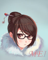 Rule 34 | 1girl, :t, beads, black-framed eyewear, brown eyes, brown hair, character name, coat, fur-trimmed jacket, fur coat, fur trim, glasses, hair bun, hair ornament, hair stick, highres, jacket, looking at viewer, mei (overwatch), mu rong, overwatch, overwatch 1, portrait, pout, short hair, sidelocks, simple background, single hair bun, snowflake hair ornament, solo, swept bangs, winter clothes, winter coat