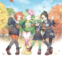 Rule 34 | 3girls, absurdres, arezu (pokemon), black footwear, black hair, black skirt, blush stickers, boots, bracelet, brown bag, cloud, commentary request, cowlick, creatures (company), day, diamond clan outfit, falling leaves, game freak, green eyes, green hair, green pantyhose, hand on own hip, highres, hisuian lilligant, jacket, jewelry, leaf, long hair, long sleeves, looking at viewer, mai (pokemon), multiple girls, narusawa byakuya, nintendo, one eye closed, outdoors, pantyhose, pigeon-toed, pokemon, pokemon (creature), pokemon legends: arceus, sabi (pokemon), second-party source, shorts, skirt, sky, smile, tree, twintails