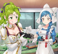 Rule 34 | 2girls, blue hair, braid, commission, detached collar, fire emblem, fire emblem: the sacred stones, fire emblem fates, forehead jewel, gradient hair, green eyes, green hair, highres, igni tion, l&#039;arachel (fire emblem), licking lips, lilith (fire emblem), multicolored hair, multiple girls, nintendo, railroad tracks, red hair, single braid, thomas the tank engine, tongue, tongue out