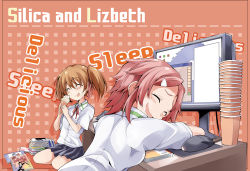 Rule 34 | 10s, 2girls, :p, ^ ^, bibi02, book, brown hair, closed eyes, computer, dress shirt, drooling, english text, food, food on face, freckles, ice cream, lisbeth (sao), monitor, mouse (computer), multiple girls, pink hair, saliva, school uniform, shirt, short hair, short twintails, silica, skirt, sleeping, sword art online, tongue, tongue out, twintails