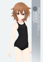 Rule 34 | 1girl, artist name, black one-piece swimsuit, brown eyes, brown hair, character name, collarbone, cowboy shot, expressionless, flat chest, grey background, hair between eyes, highres, inaba shiki, kantai collection, looking at viewer, new school swimsuit, one-hour drawing challenge, one-piece swimsuit, school swimsuit, short hair, simple background, solo, standing, swimsuit, wakaba (kancolle)