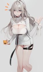 Rule 34 | 1girl, absurdres, breasts, cellphone, chyan, cleavage, cleavage cutout, clothing cutout, grey eyes, grey hair, grin, halterneck, highres, large breasts, leaning forward, legs together, long sleeves, looking at viewer, phone, slit pupils, smile, source request, thigh strap, thighs, waving