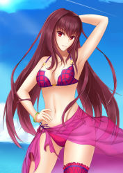 Rule 34 | 1girl, arm up, armpits, bad id, bad pixiv id, bikini, bracelet, breasts, cowboy shot, day, fate/grand order, fate (series), jewelry, long hair, looking at viewer, navel, ocean, outdoors, purple hair, randoru, red eyes, sarong, scathach (fate), scathach (fate/grand order), scathach (swimsuit assassin) (fate), see-through clothes, sky, smile, solo, standing, swimsuit