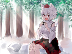 Rule 34 | 1girl, animal ears, bare shoulders, black skirt, breasts, commentary request, detached sleeves, fang, feet out of frame, food, forest, forneus 0, hair between eyes, hands up, hat, highres, holding, holding food, inubashiri momiji, large breasts, light rays, long sleeves, looking at viewer, miniskirt, nature, onigiri, open mouth, outdoors, pom pom (clothes), red eyes, rock, shirt, short hair, silver hair, sitting, skirt, solo, tokin hat, touhou, tree, white shirt, wide sleeves, wolf ears
